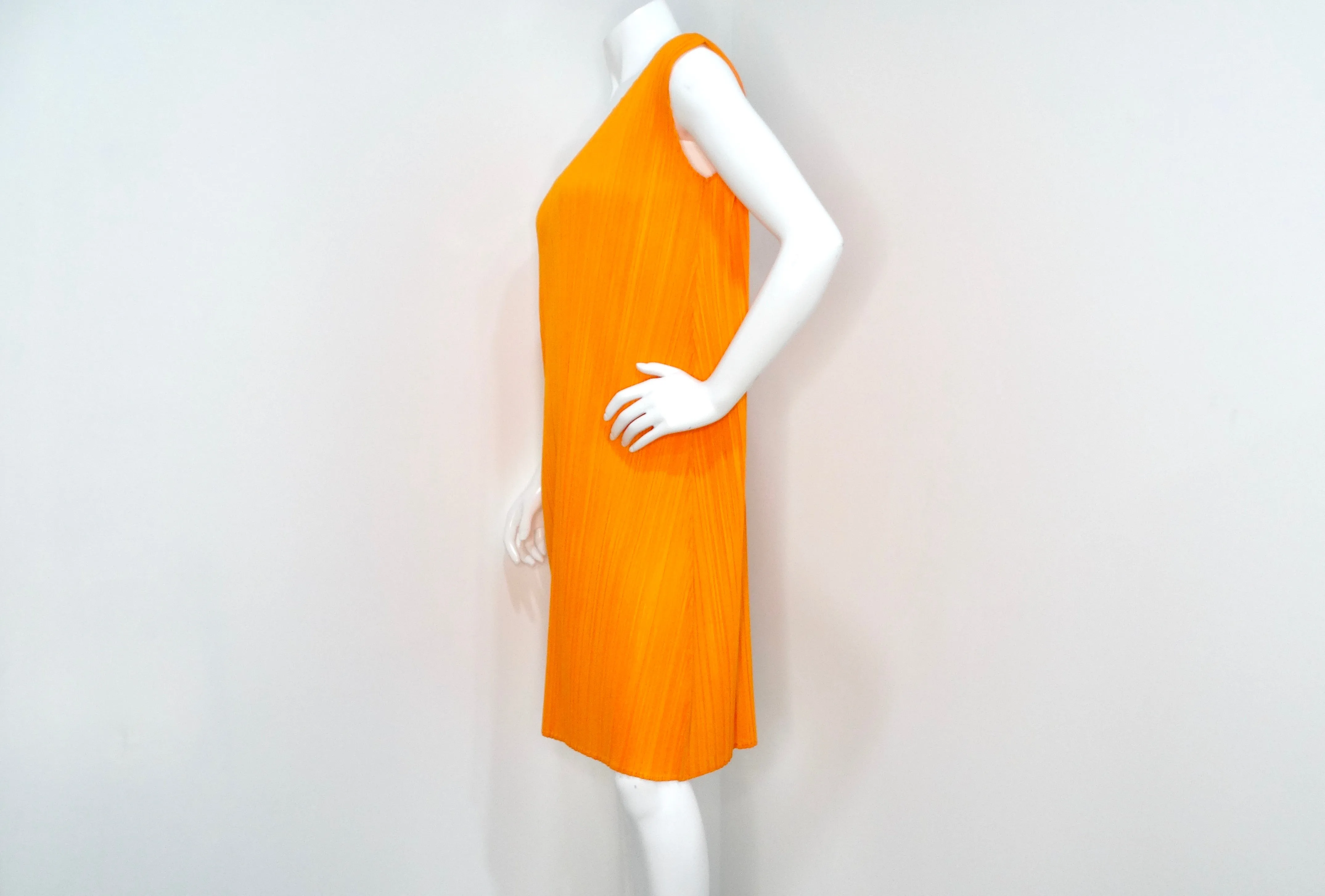 Issey Miyake 1990s Pleats Please Orange Pleated Sleeveless Dress