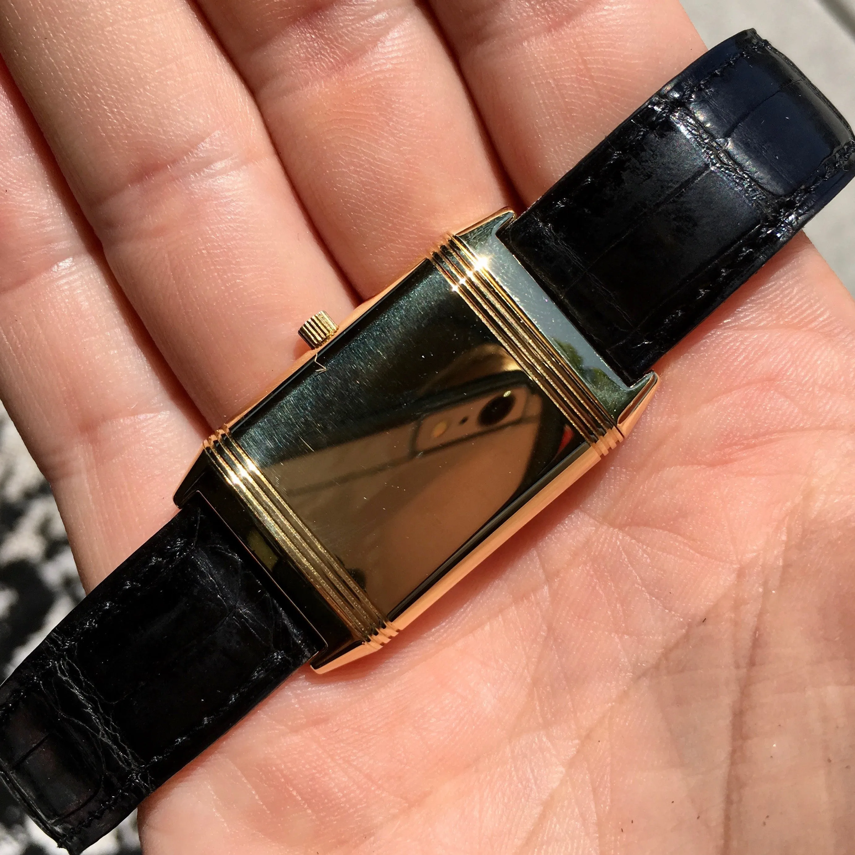 Jaeger LeCoultre Reverso 18K Yellow Gold Manual Wind Silver Leather Wristwatch