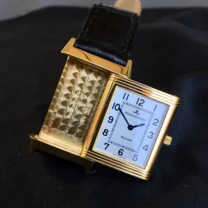 Jaeger LeCoultre Reverso 18K Yellow Gold Manual Wind Silver Leather Wristwatch