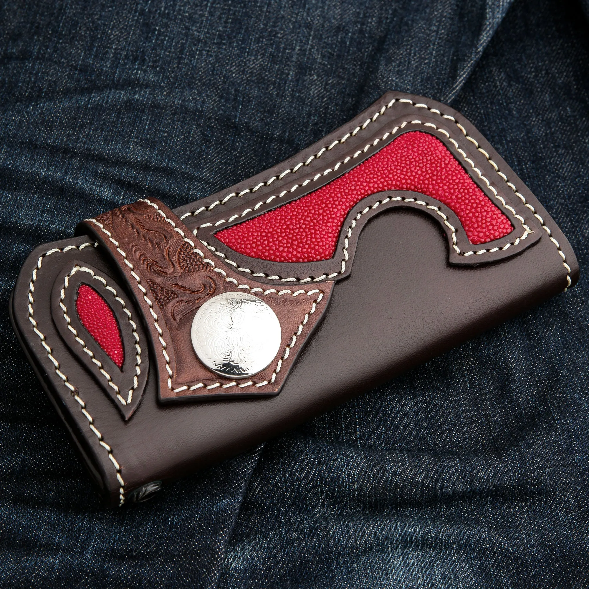 Japanese Tribal Red Stingray Leather Cowboy Biker Wallet