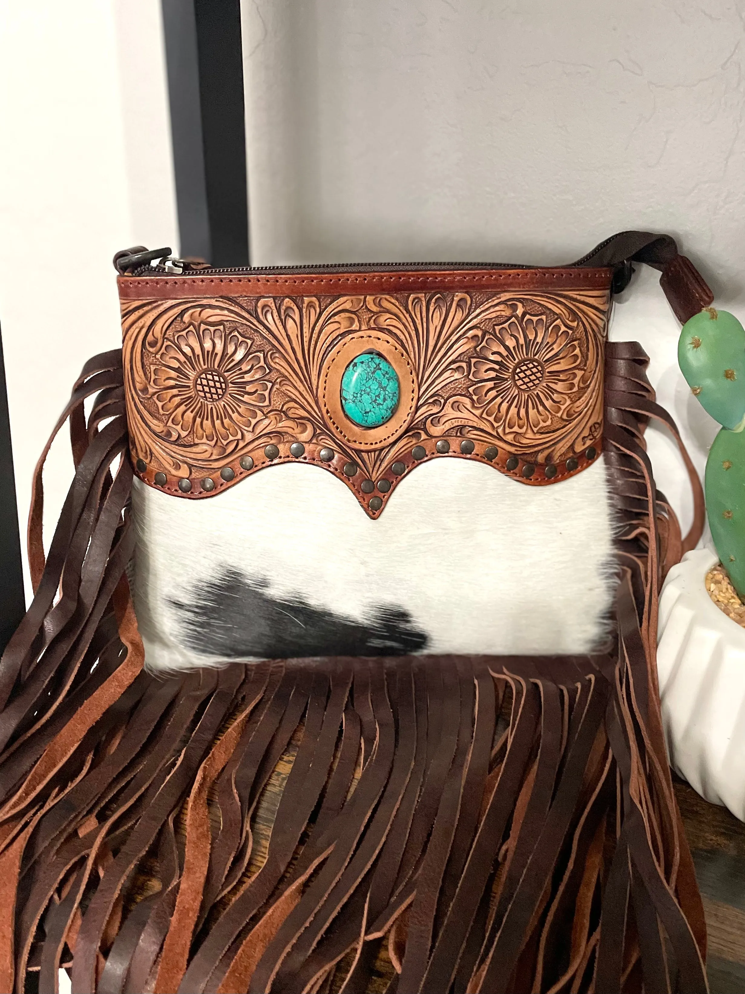 Leather Tooled Scallop Design on Hide and Fringe Bag