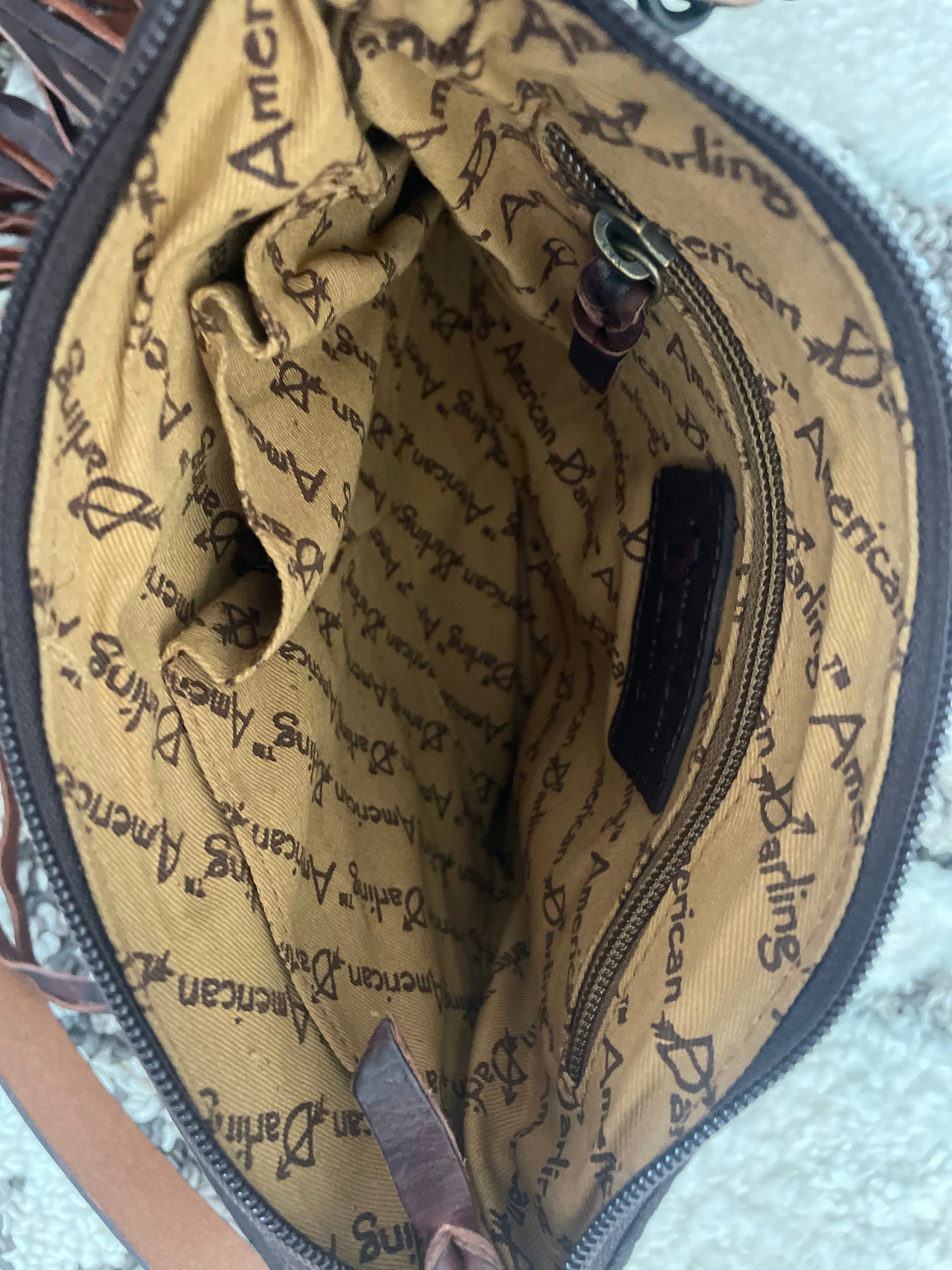 Leather Tooled Scallop Design on Hide and Fringe Bag