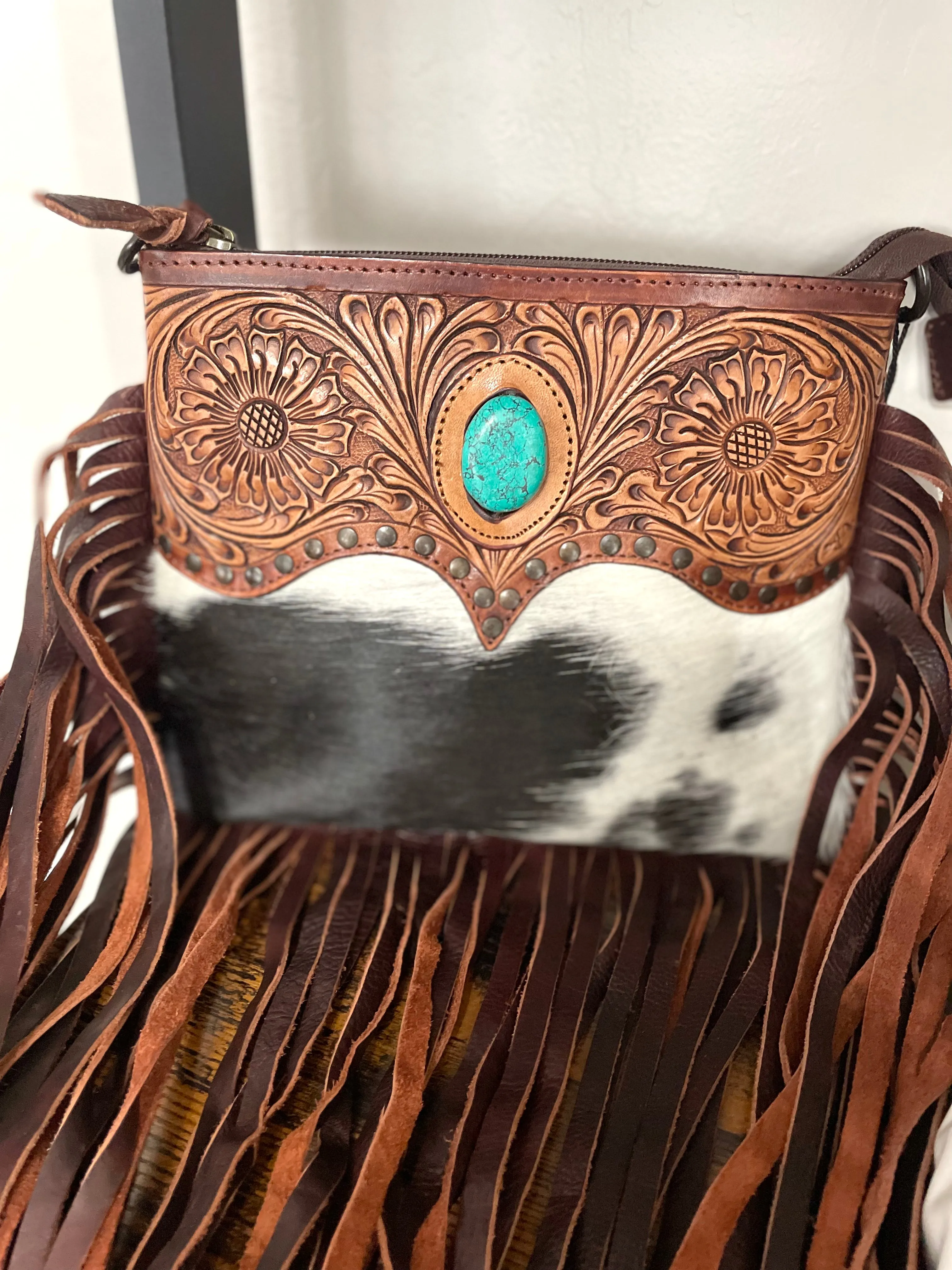 Leather Tooled Scallop Design on Hide and Fringe Bag