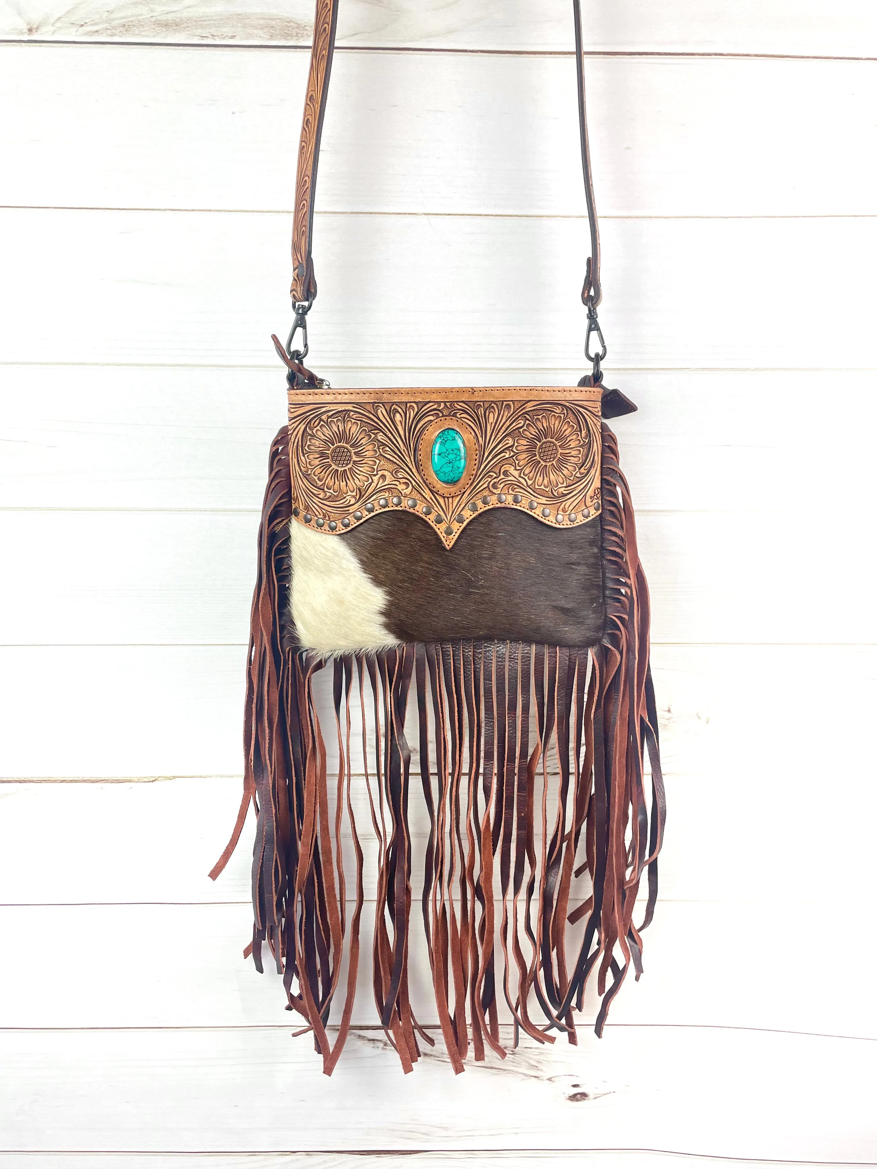 Leather Tooled Scallop Design on Hide and Fringe Bag