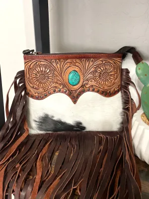 Leather Tooled Scallop Design on Hide and Fringe Bag
