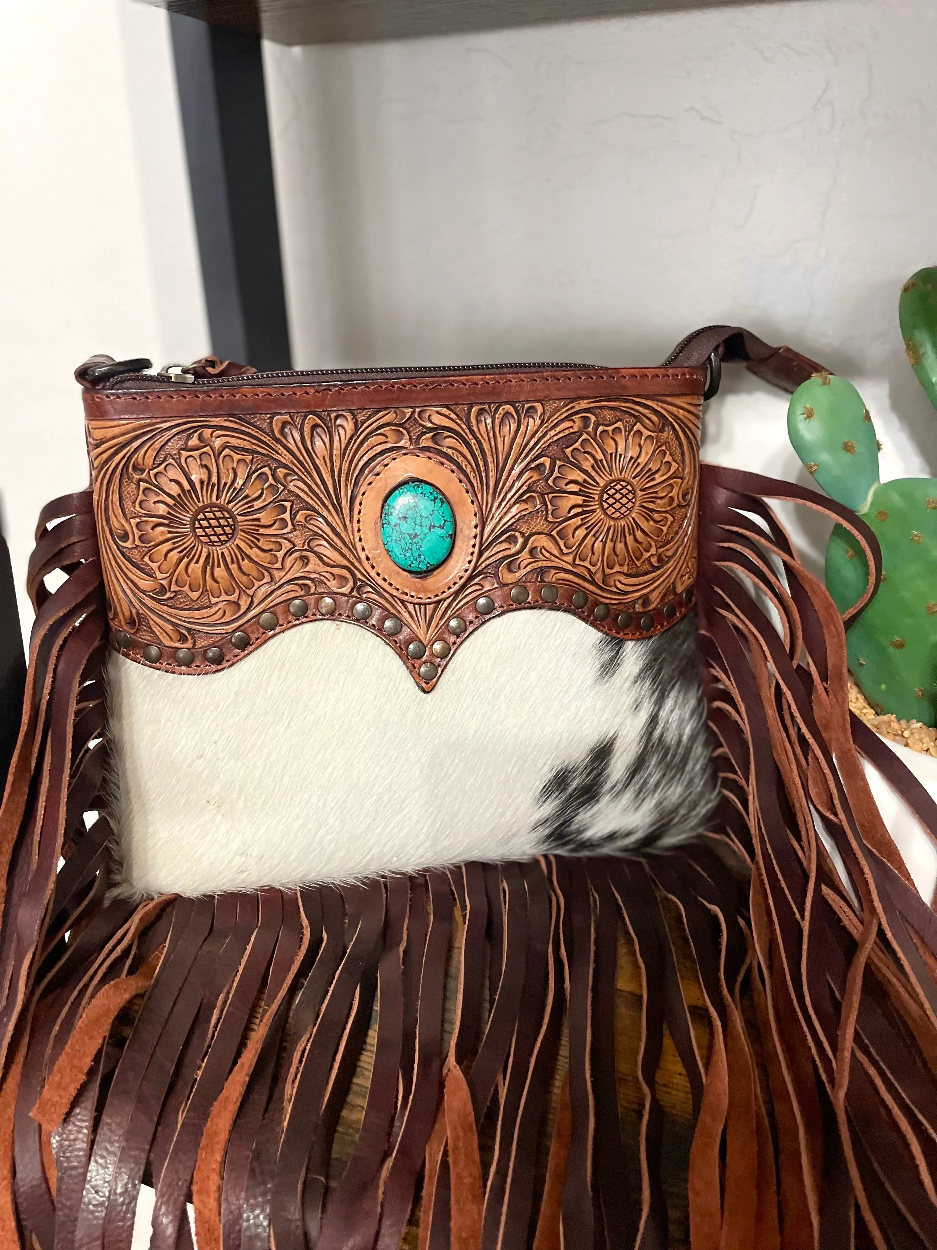 Leather Tooled Scallop Design on Hide and Fringe Bag