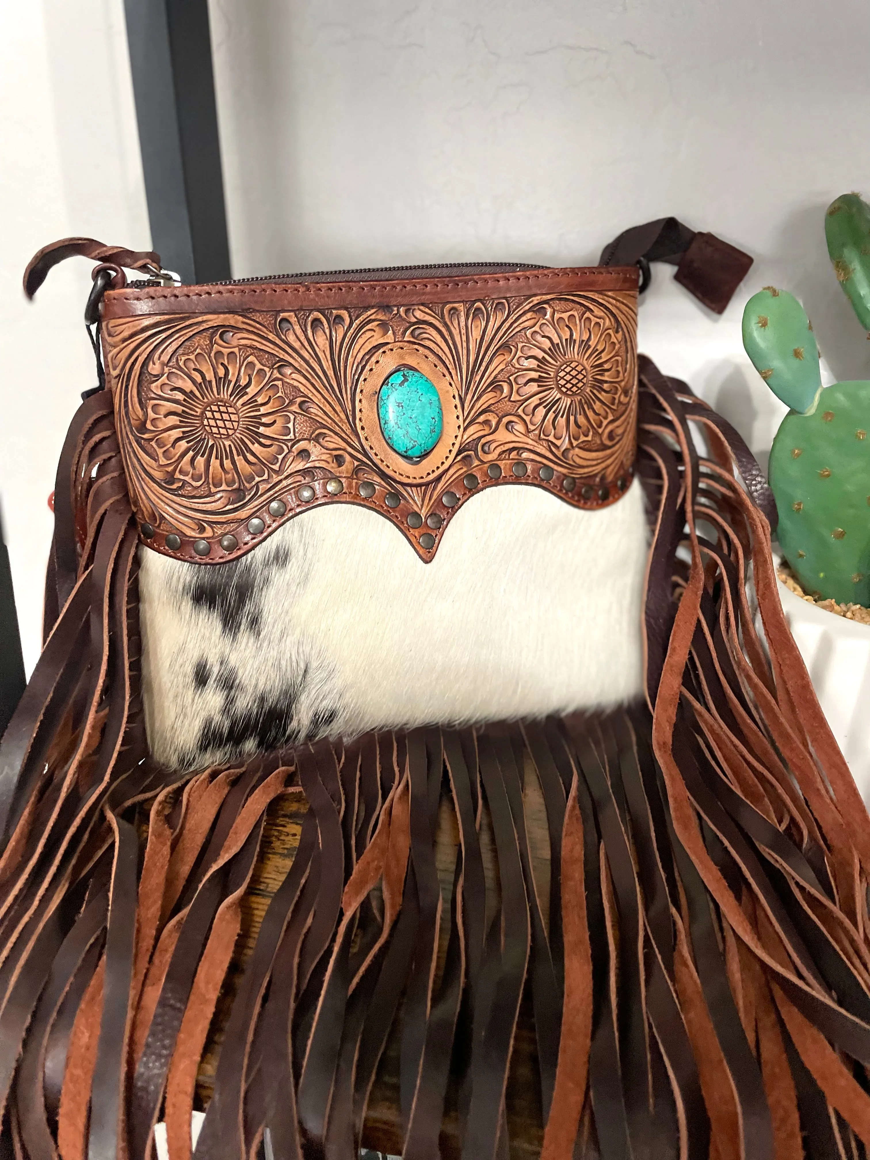 Leather Tooled Scallop Design on Hide and Fringe Bag