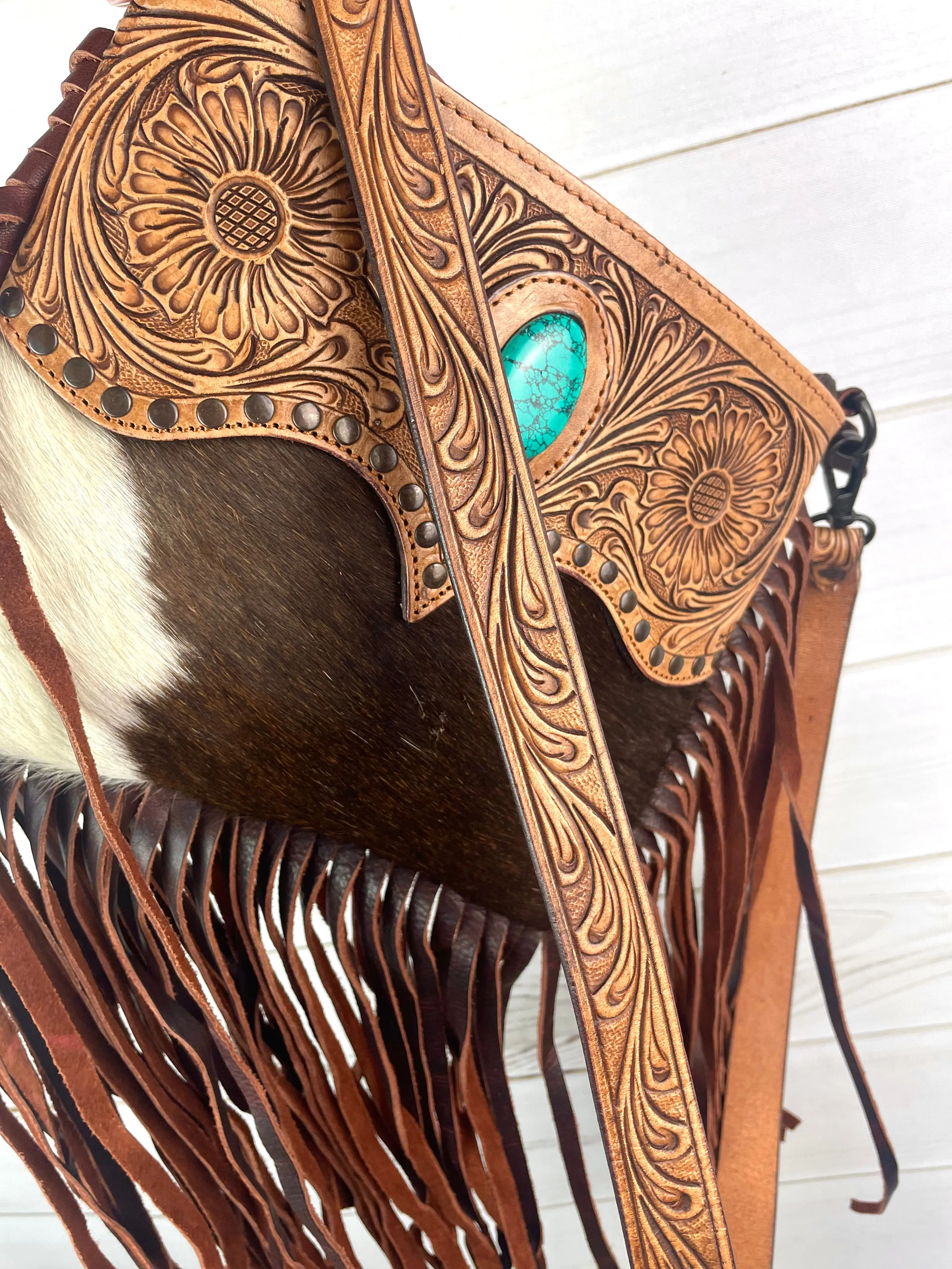 Leather Tooled Scallop Design on Hide and Fringe Bag