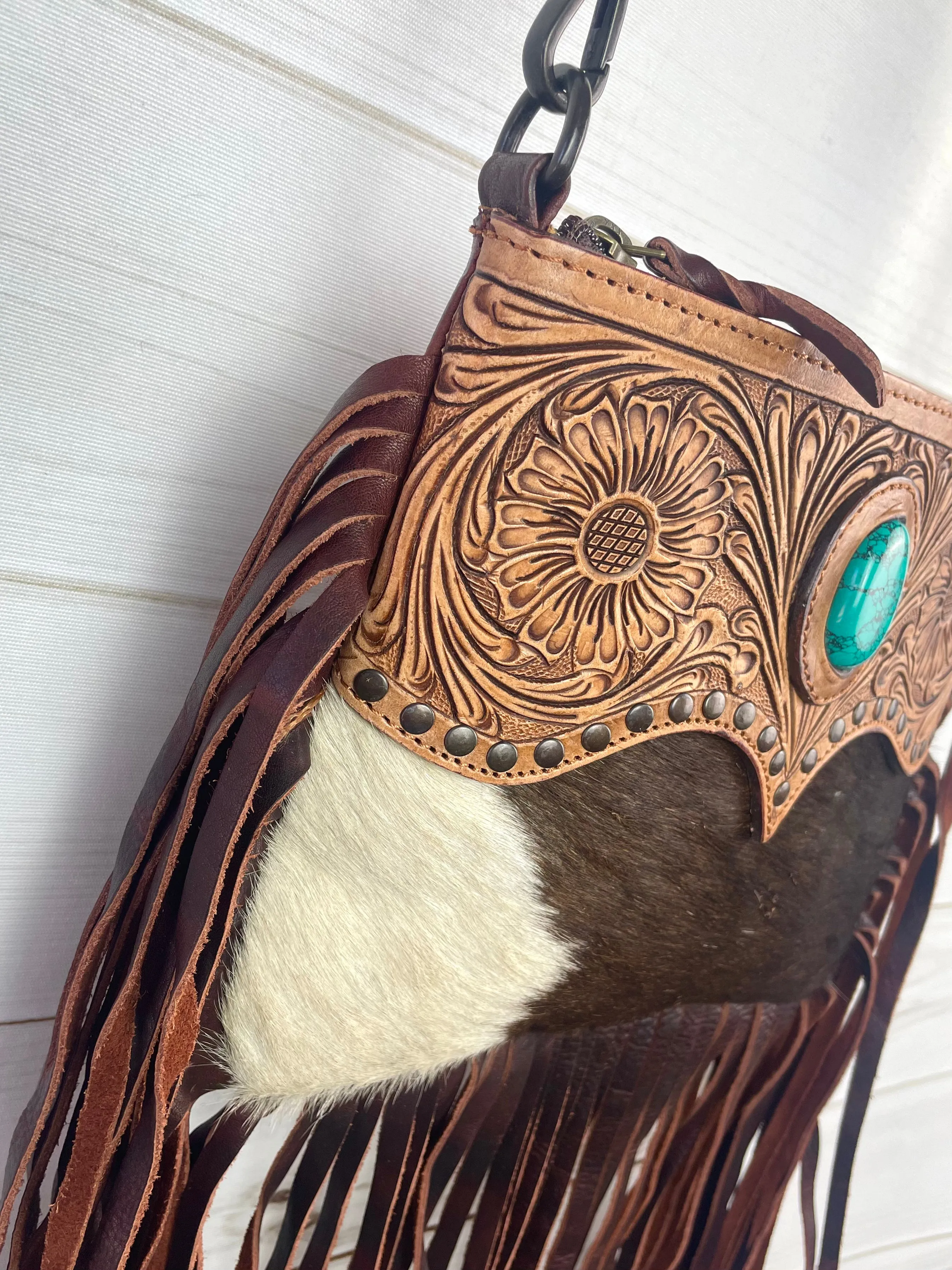 Leather Tooled Scallop Design on Hide and Fringe Bag