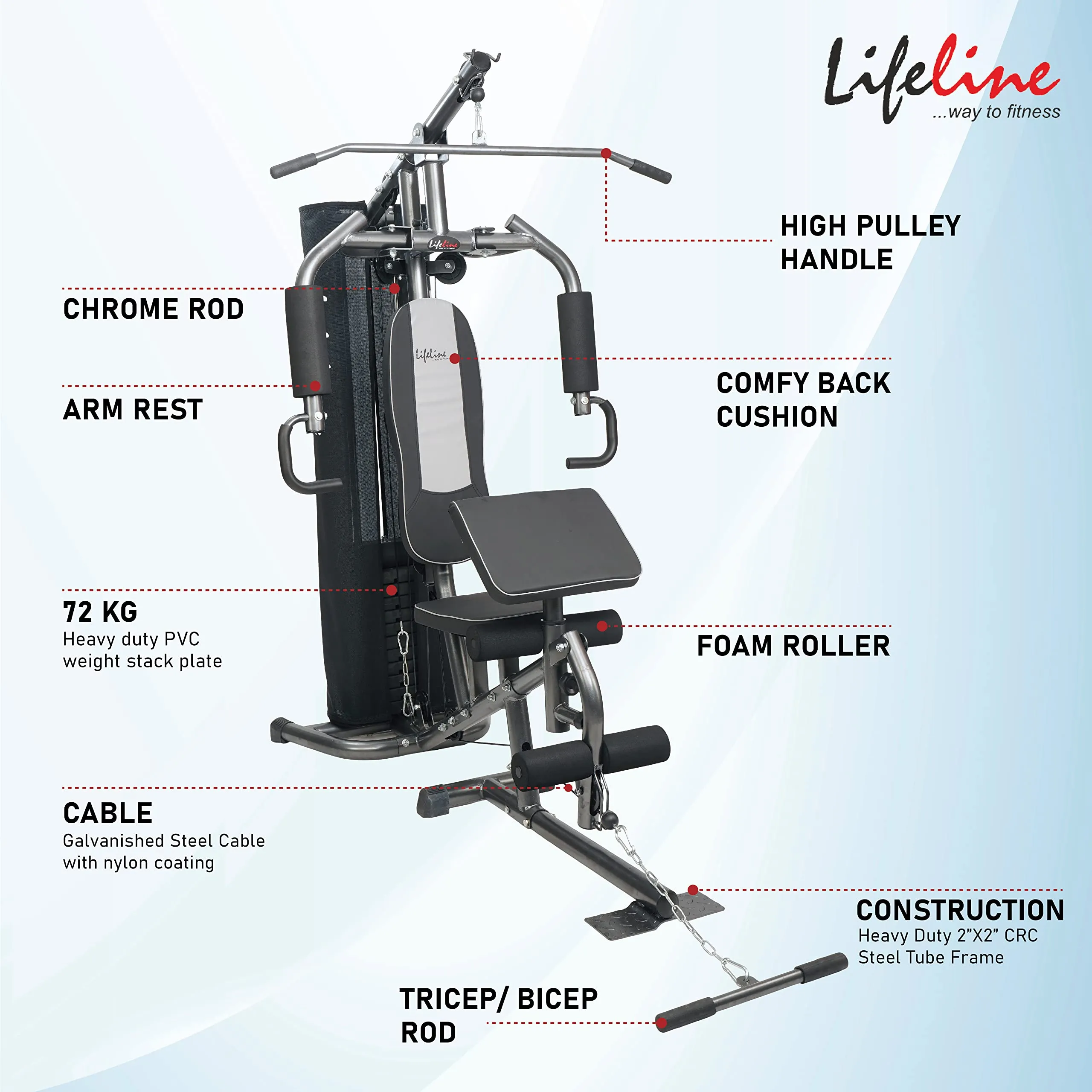 Lifeline Fitness HG-005 Home Gym with LB-311 Adjustable Bench (8 Levels), Multipurpose All in One Home Gym Workout Combo