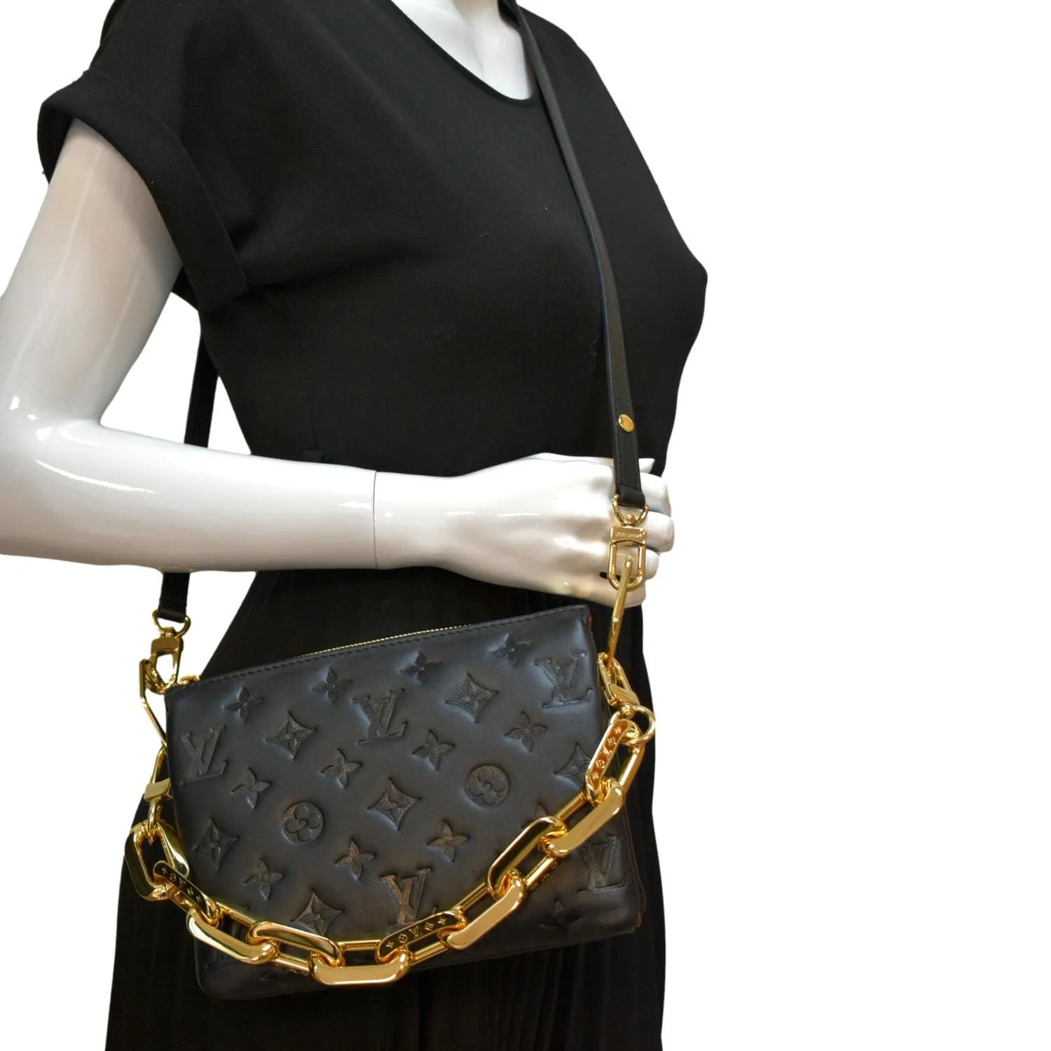 LOUIS VUITTON Coussin BB Monogram Embossed Leather Shoulder Bag Black