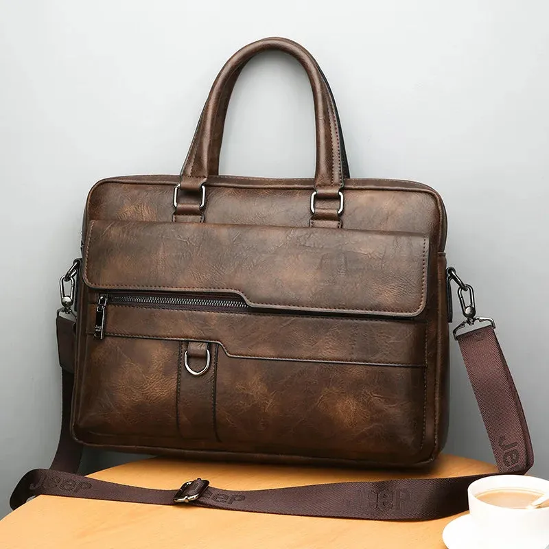 Luxury Briefcase for Men PU Leather Office Handbag Laptop Vintage Shoulder Business Messenger Crossbody Side Portafolio Bag