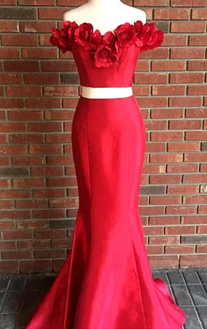 MACloth Mermaid Off the Shoulder 2 Piece Prom Dress Red Formal Evening Gown