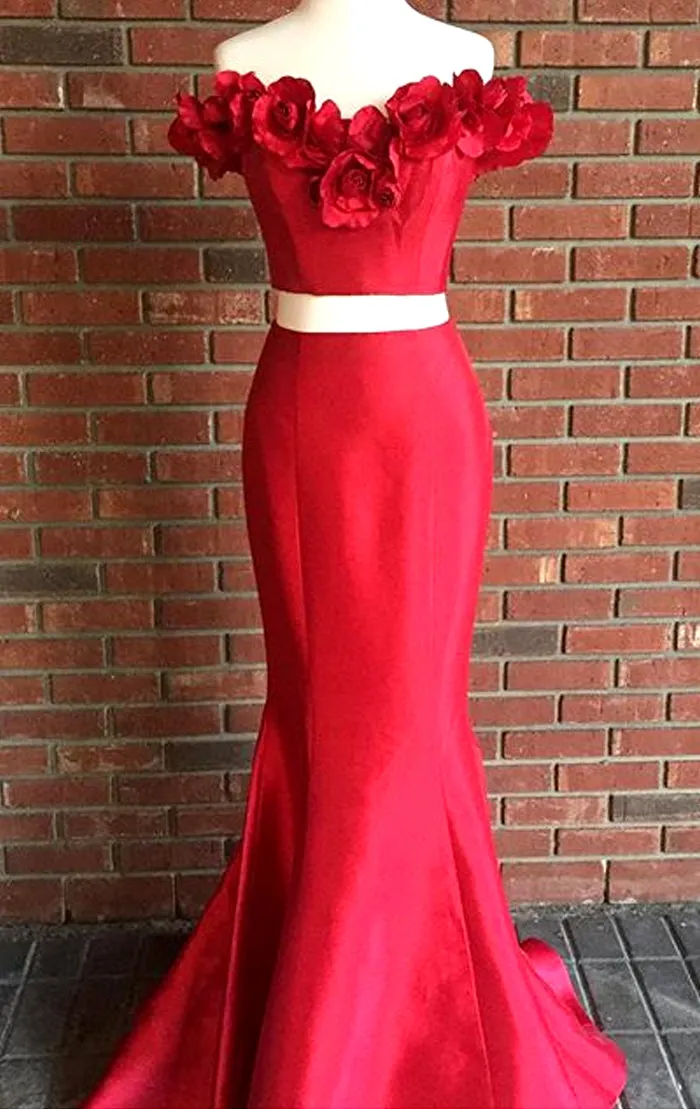 MACloth Mermaid Off the Shoulder 2 Piece Prom Dress Red Formal Evening Gown