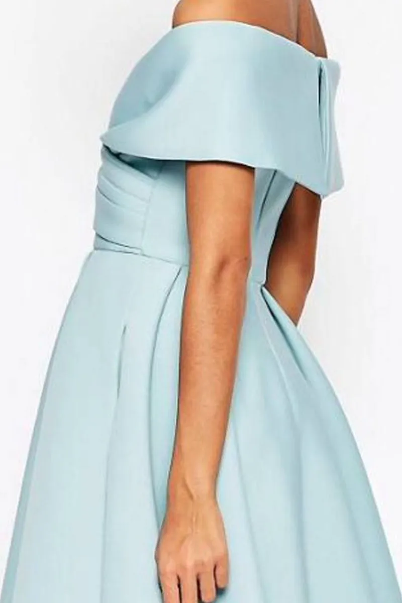 MACloth Off the Shoulder Satin Midi Cocktail Dress Sky Blue Tea Length Formal Dress