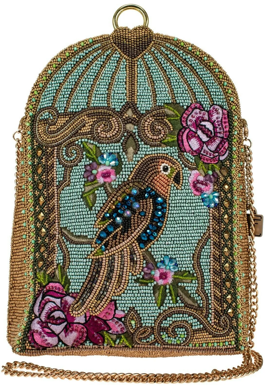 Mary Frances Pretty Parrot Beaded Crossbody Handbag Bird Bag Pink Gold Zip New