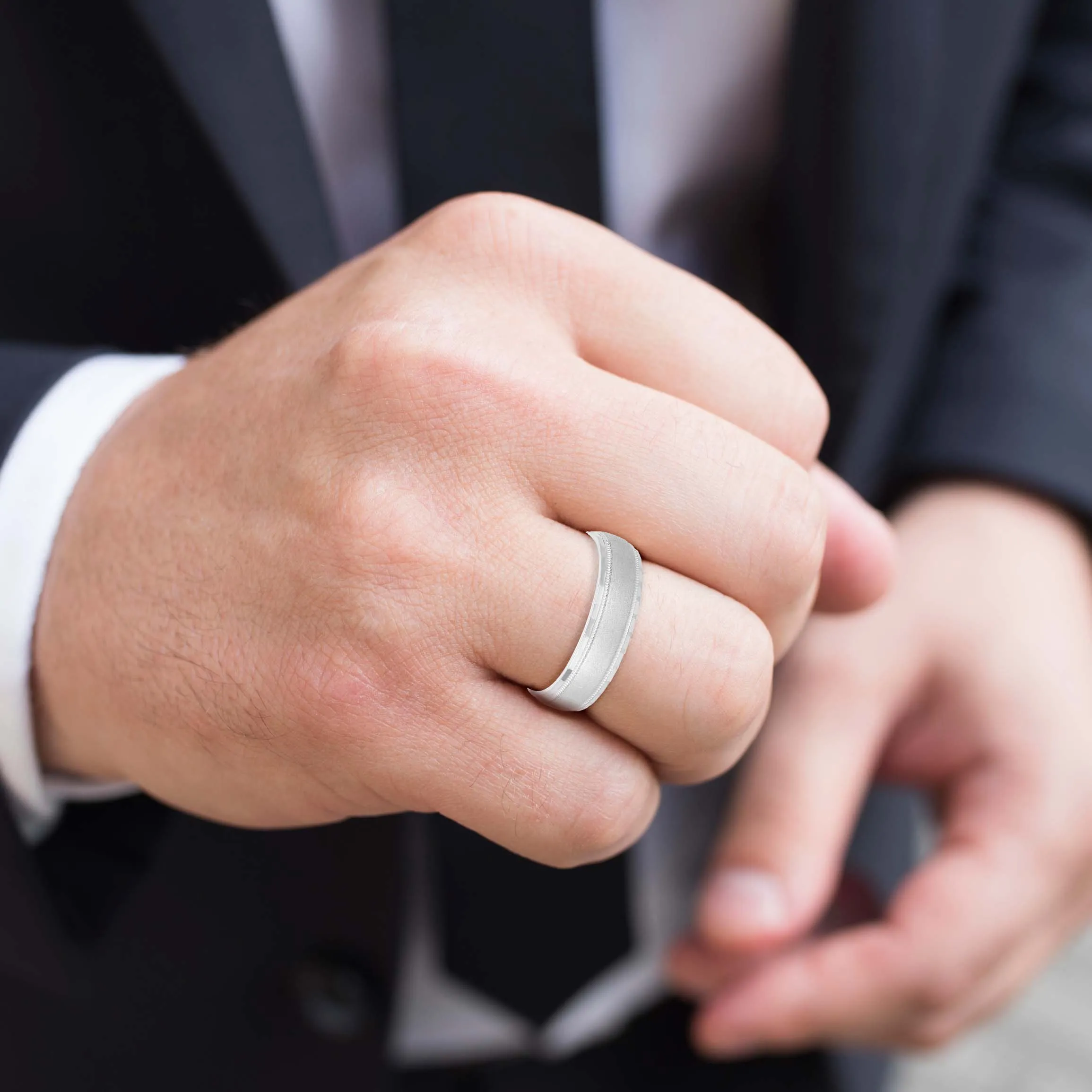 Men's Band Brushed Center with Milgrain and Step Cut Edges