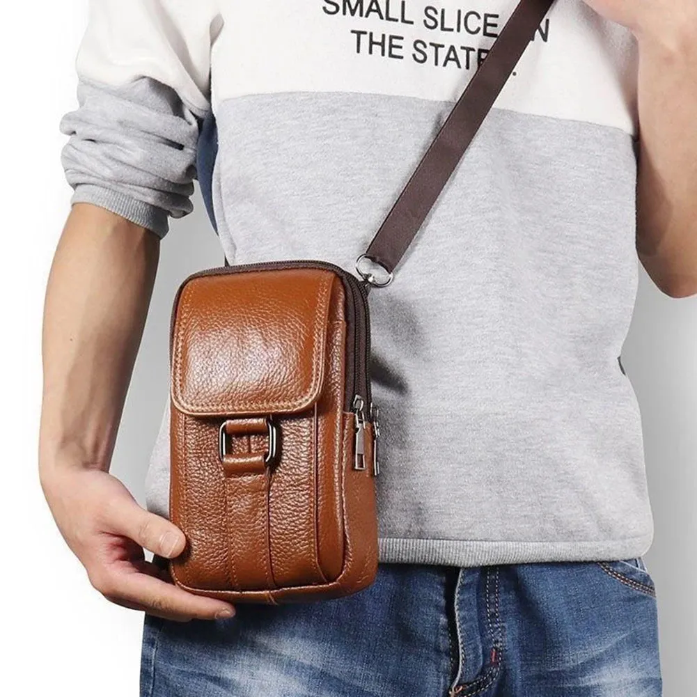Men's Messenger Bag Cowhide Leather Bag Male Mobile Phone Pouch Pocket Small Wallet Travel Waist Bag Multi-Pockets Chest Bag New