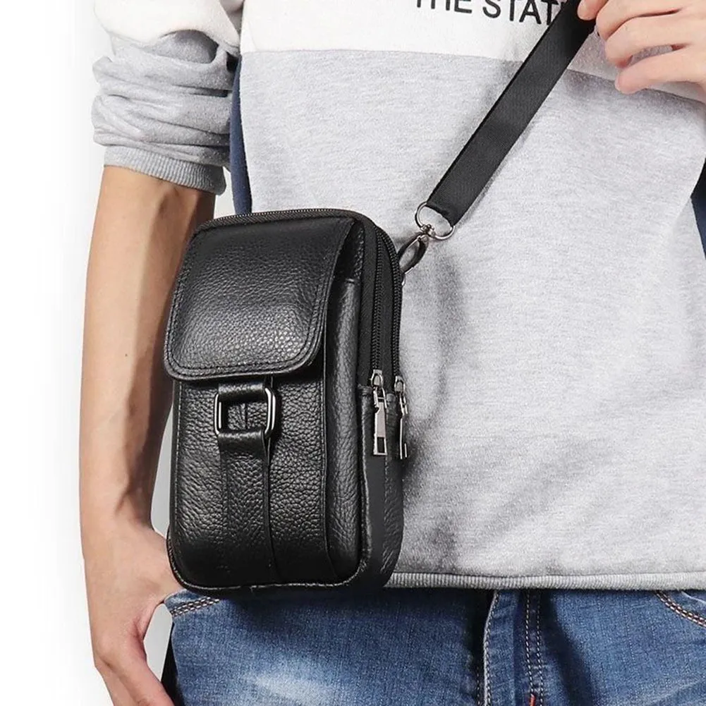 Men's Messenger Bag Cowhide Leather Bag Male Mobile Phone Pouch Pocket Small Wallet Travel Waist Bag Multi-Pockets Chest Bag New