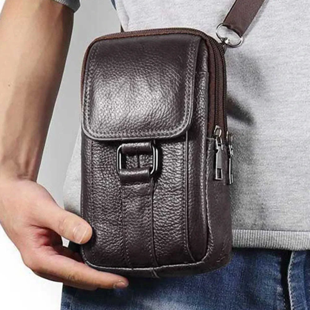 Men's Messenger Bag Cowhide Leather Bag Male Mobile Phone Pouch Pocket Small Wallet Travel Waist Bag Multi-Pockets Chest Bag New