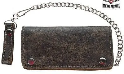 MEN'S MOTORCYCLE DISTRESSED BIKER BIFOLD LEATHER SILVER CHAIN WALLET NEW