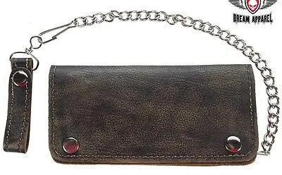 MEN'S MOTORCYCLE DISTRESSED BIKER BIFOLD LEATHER SILVER CHAIN WALLET NEW