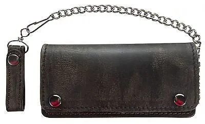 MEN'S MOTORCYCLE DISTRESSED BIKER BIFOLD LEATHER SILVER CHAIN WALLET NEW