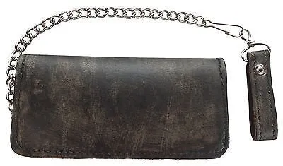 MEN'S MOTORCYCLE DISTRESSED BIKER BIFOLD LEATHER SILVER CHAIN WALLET NEW