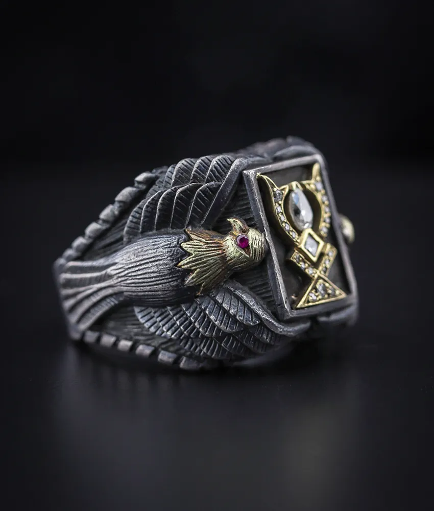 Men's Sterling Silver ring with Solid Gold Eagle  and Diamond