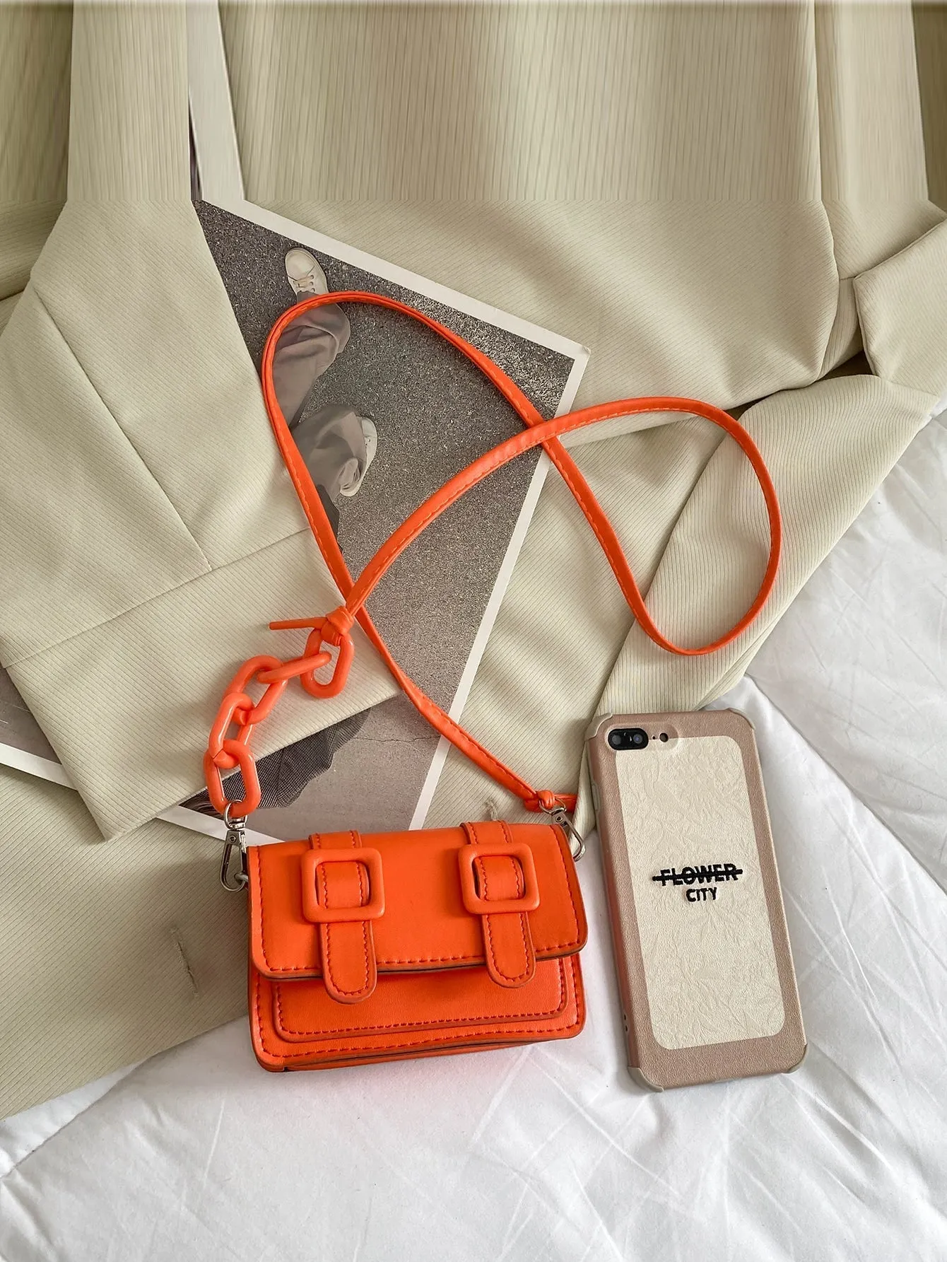 Mini Buckle Detail Stitch Detail Square Bag - Orange