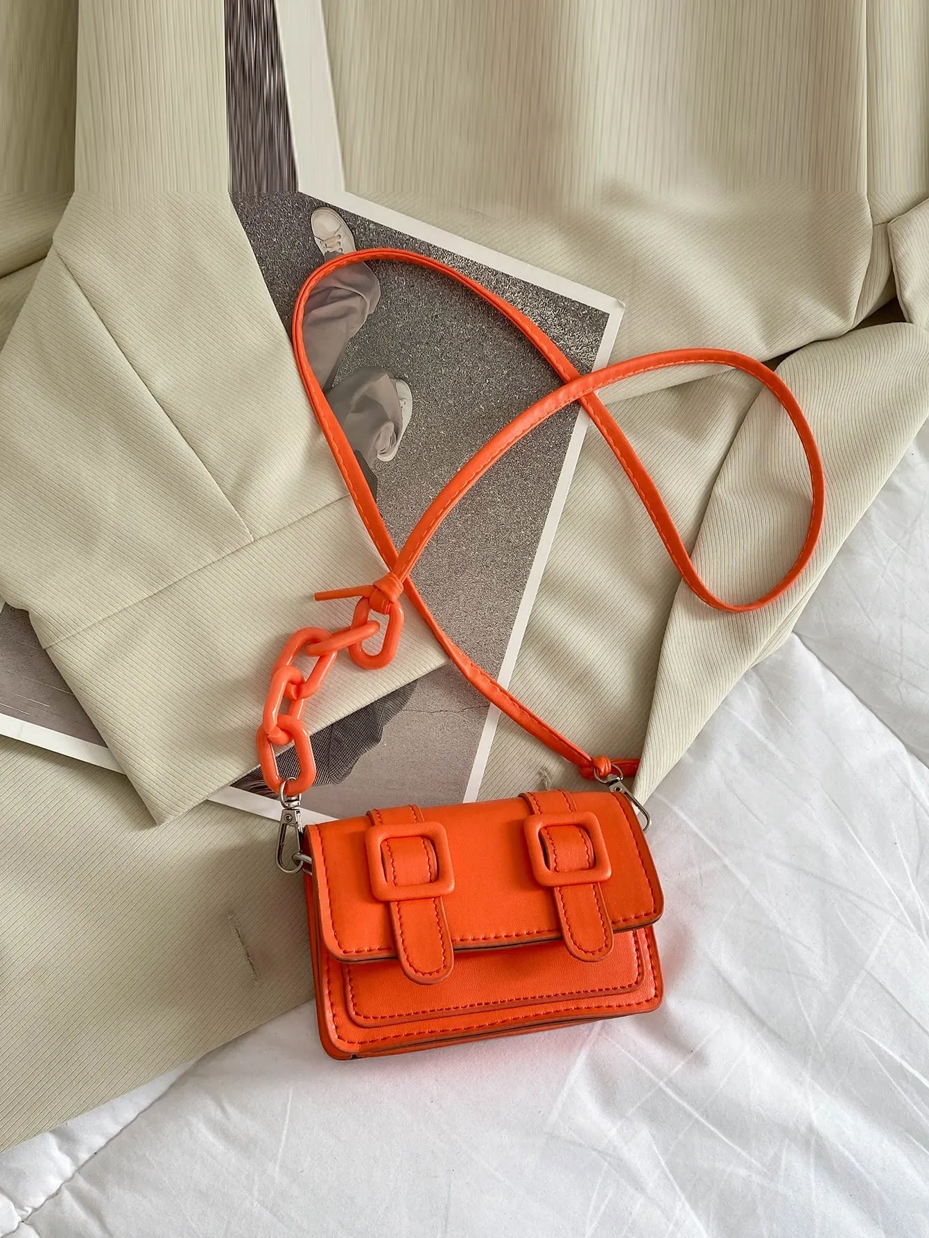 Mini Buckle Detail Stitch Detail Square Bag - Orange