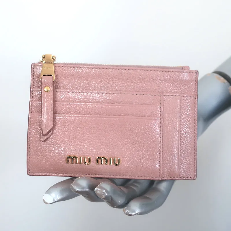 Miu Miu Zip Card Holder Wallet Rose Pink Madras Leather