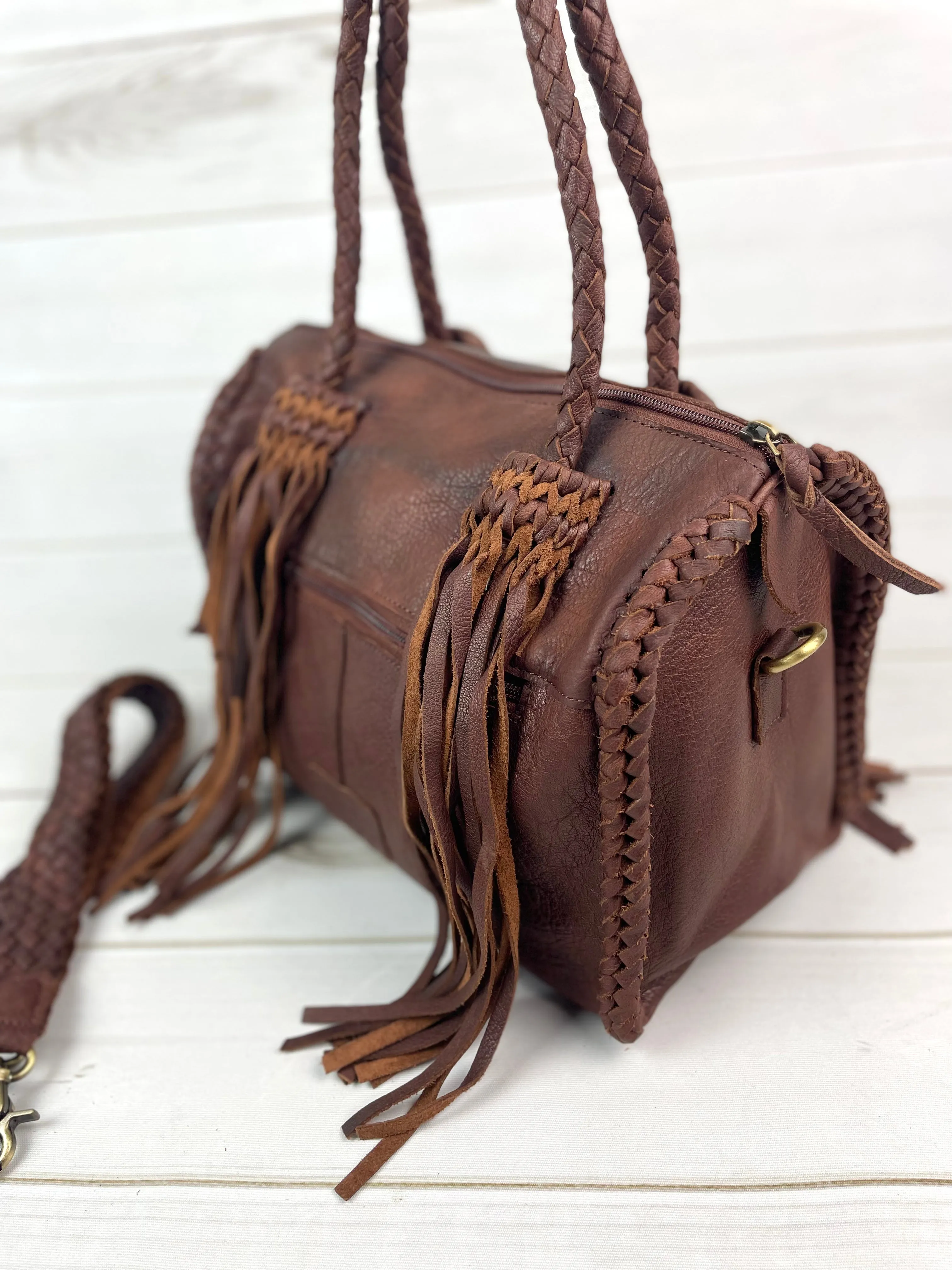 Mocha Leather Braided Handle Fringe Handbag