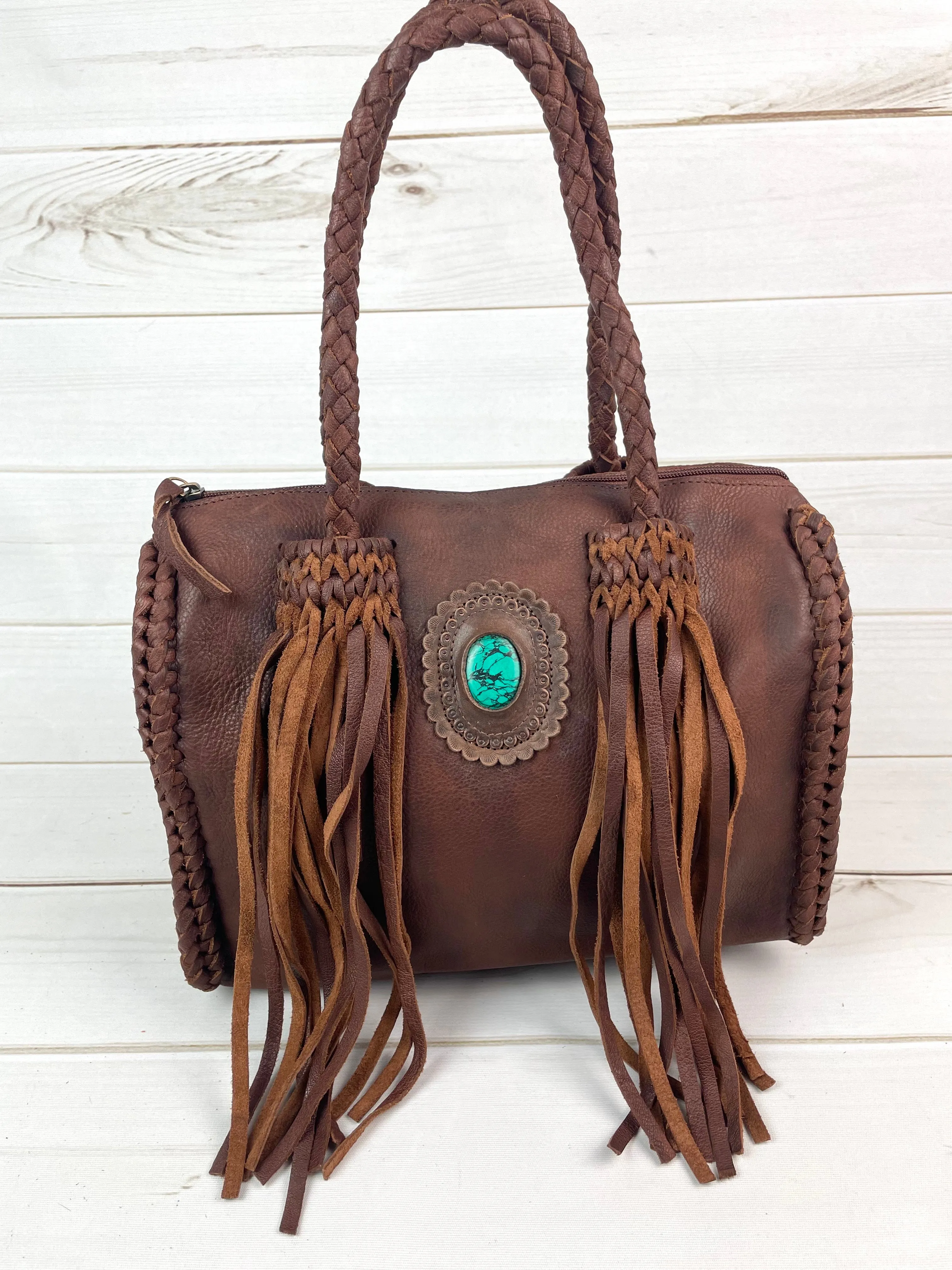 Mocha Leather Braided Handle Fringe Handbag
