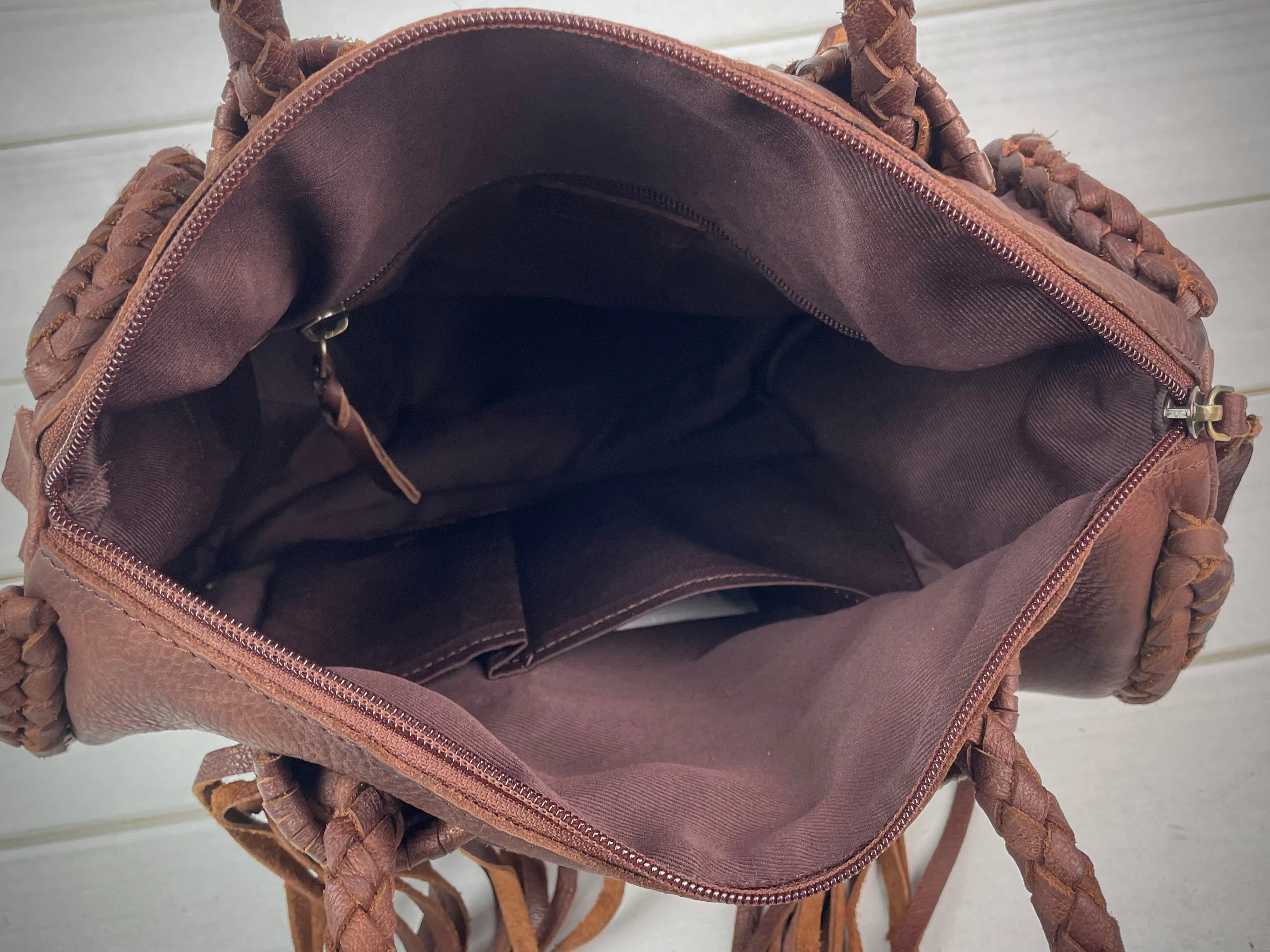 Mocha Leather Braided Handle Fringe Handbag