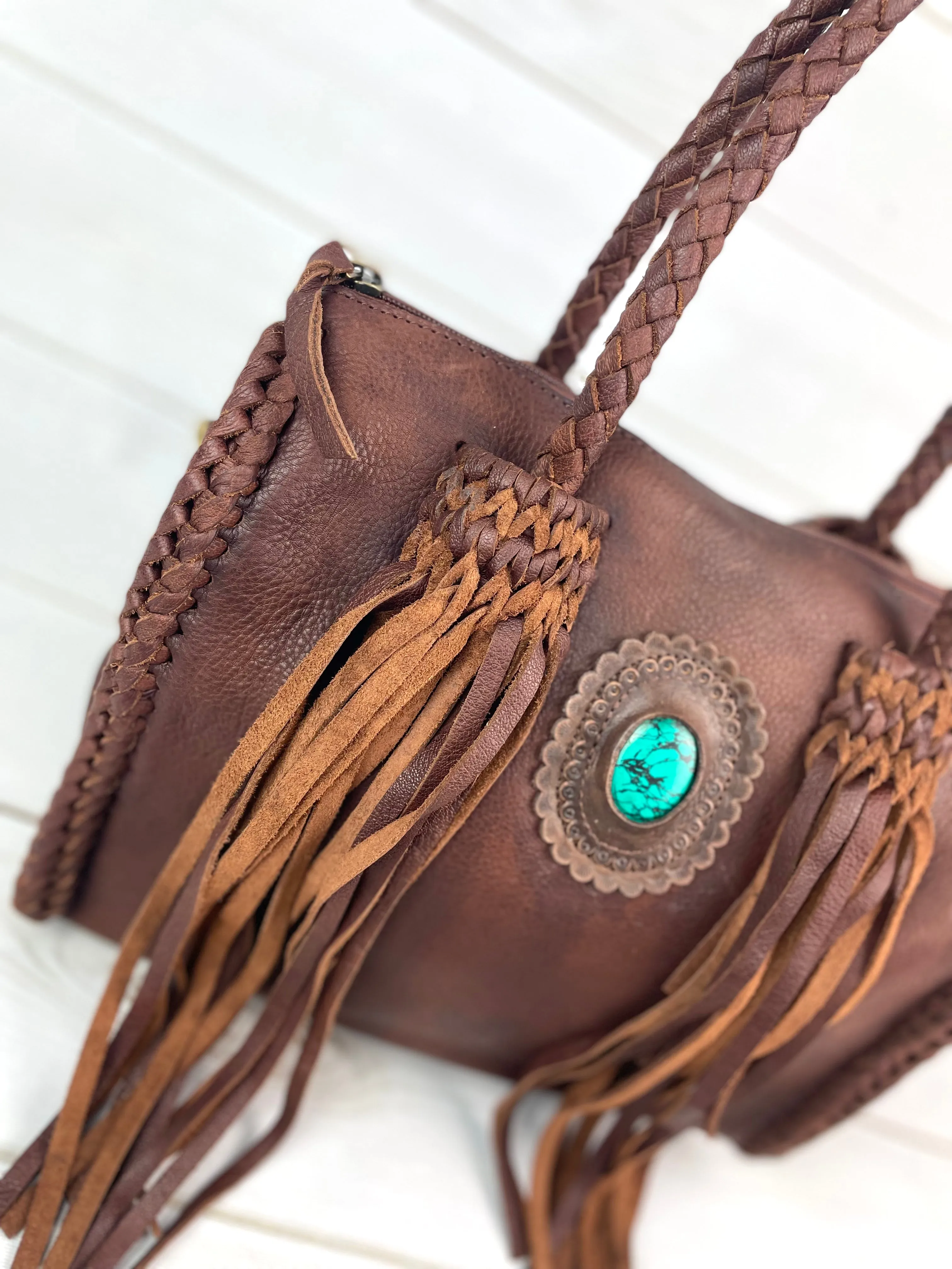 Mocha Leather Braided Handle Fringe Handbag