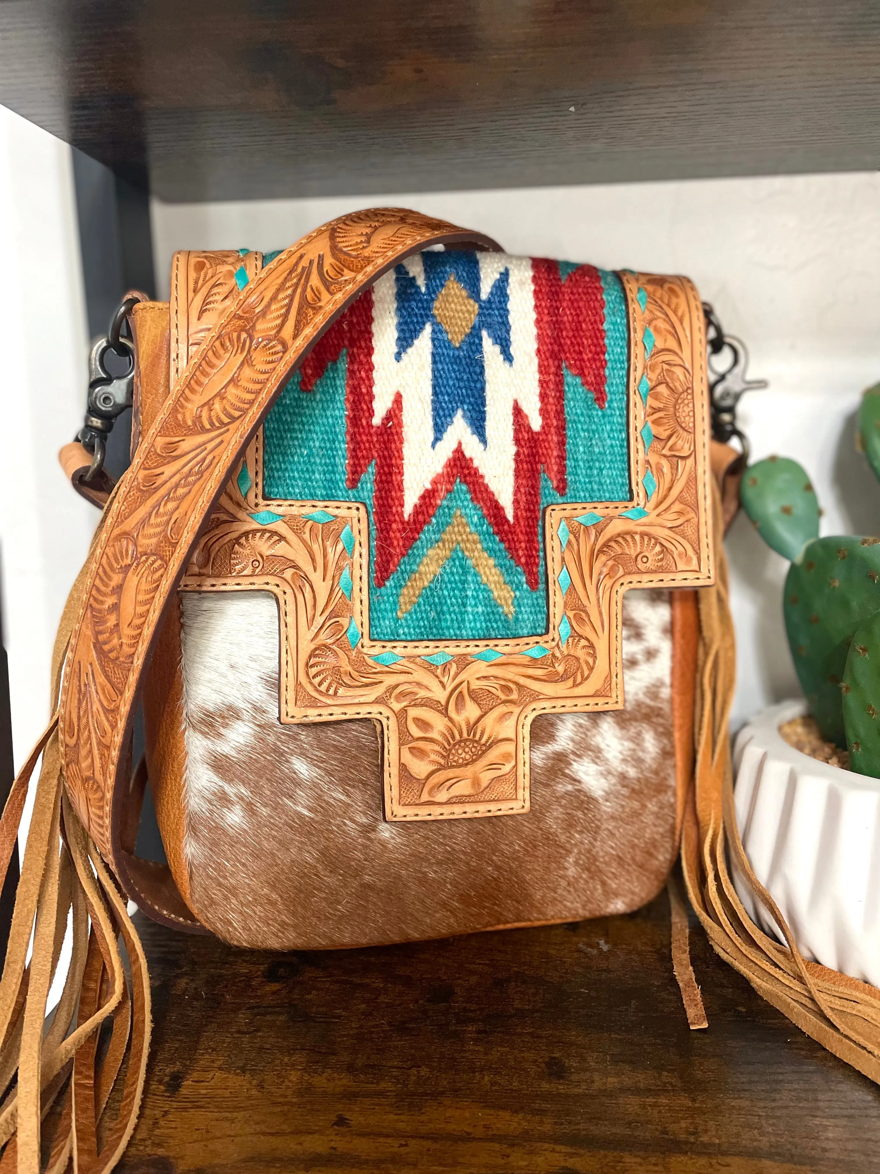 Monument Teal & Red Wool Pattern Inset Tooled Leather Over Hide