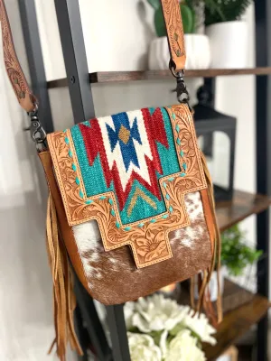 Monument Teal & Red Wool Pattern Inset Tooled Leather Over Hide