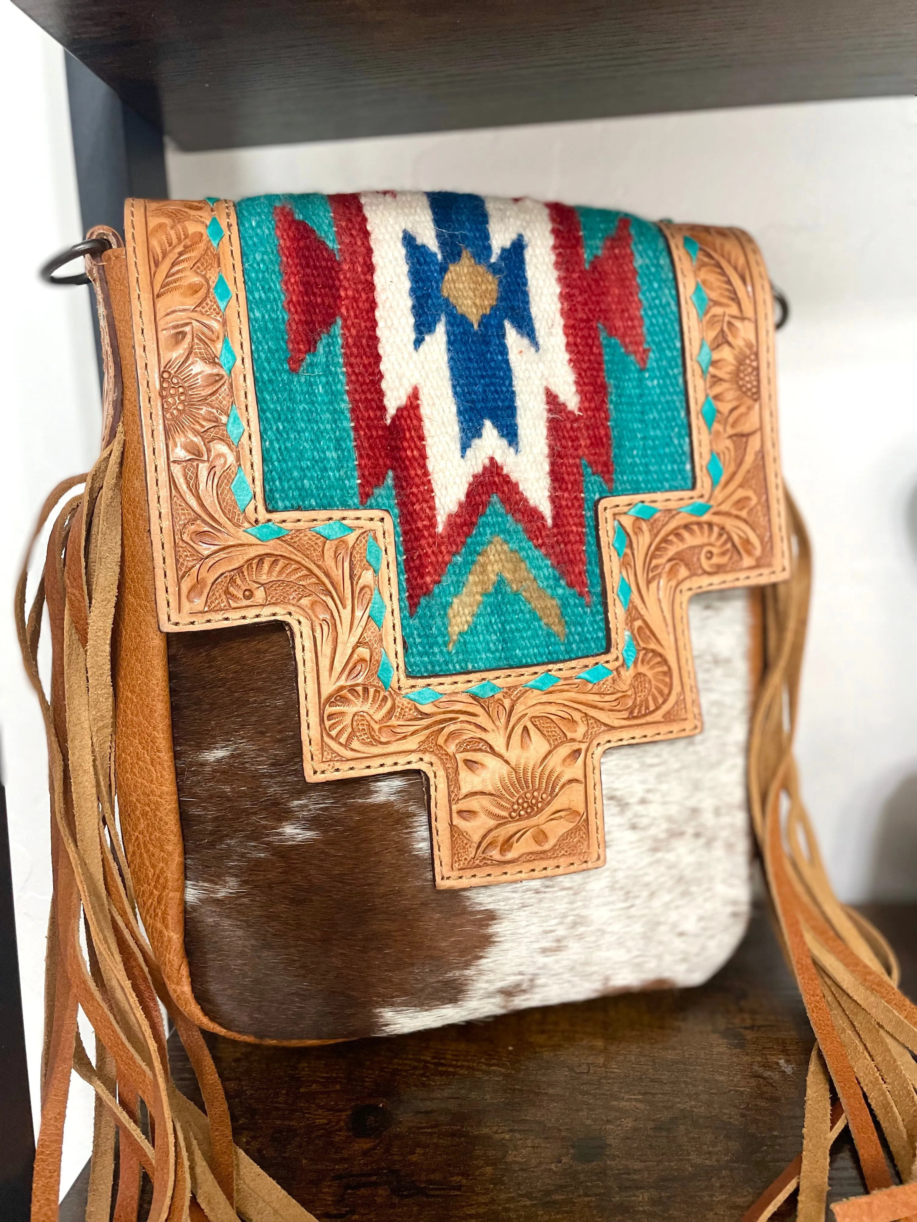 Monument Teal & Red Wool Pattern Inset Tooled Leather Over Hide