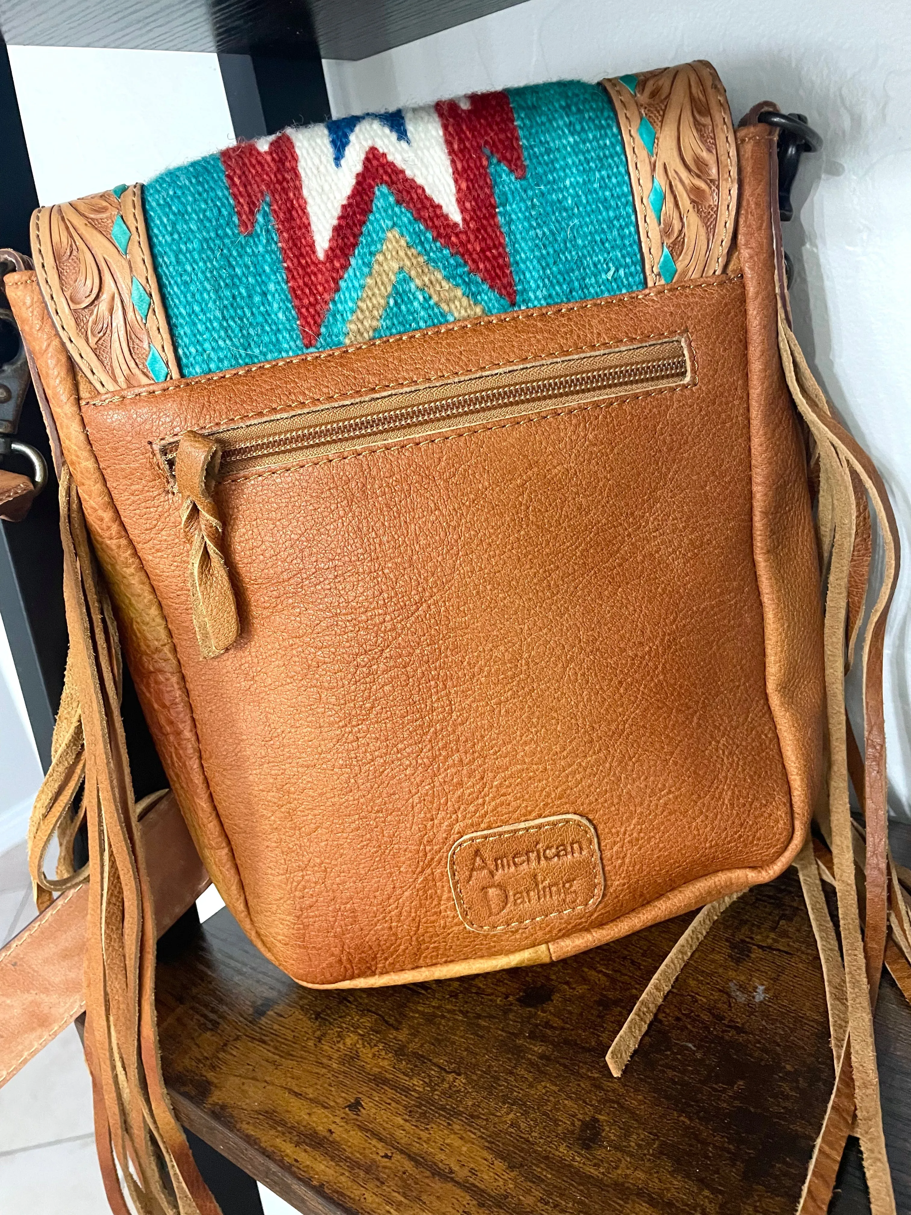 Monument Teal & Red Wool Pattern Inset Tooled Leather Over Hide