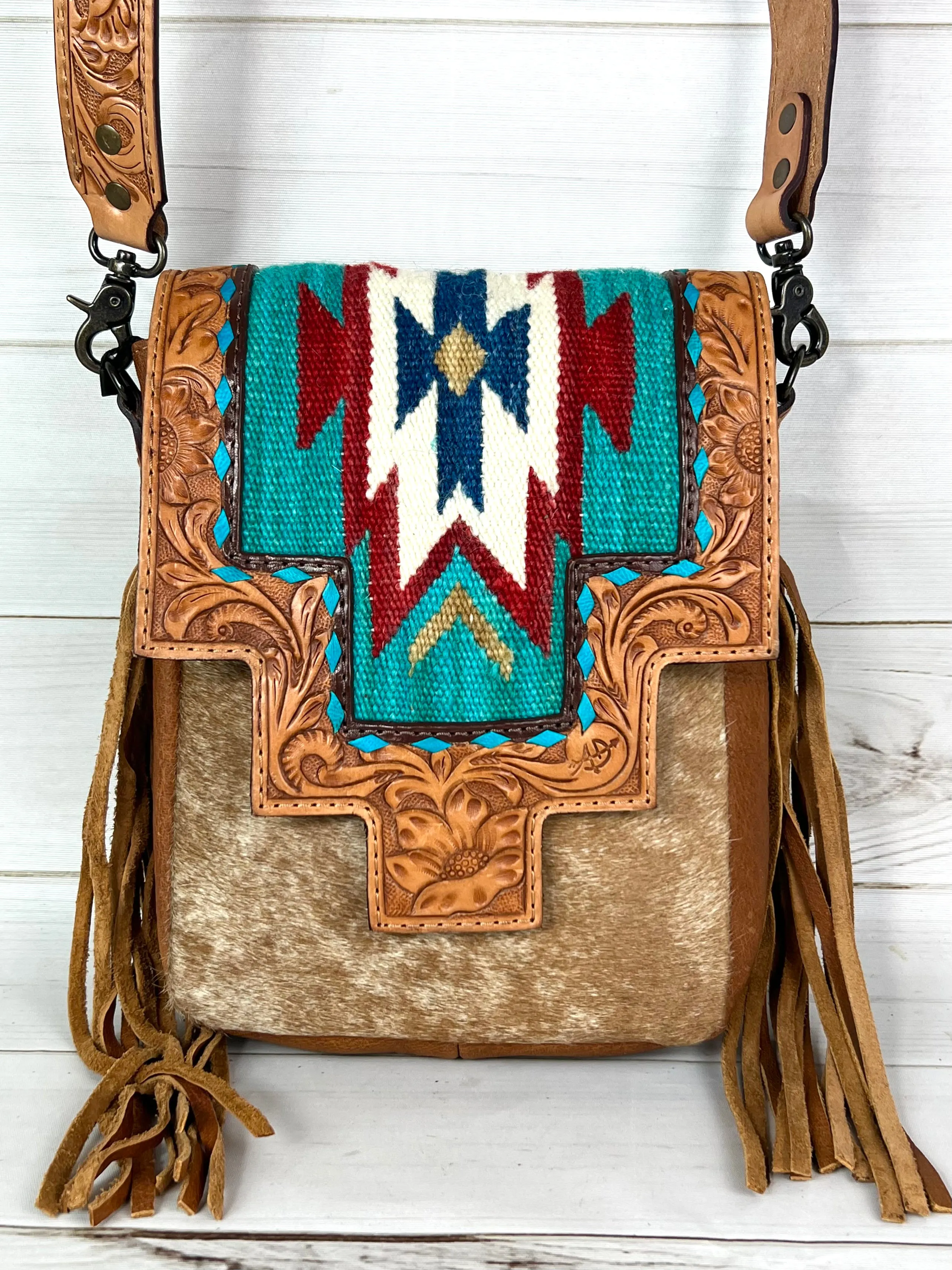Monument Teal & Red Wool Pattern Inset Tooled Leather Over Hide