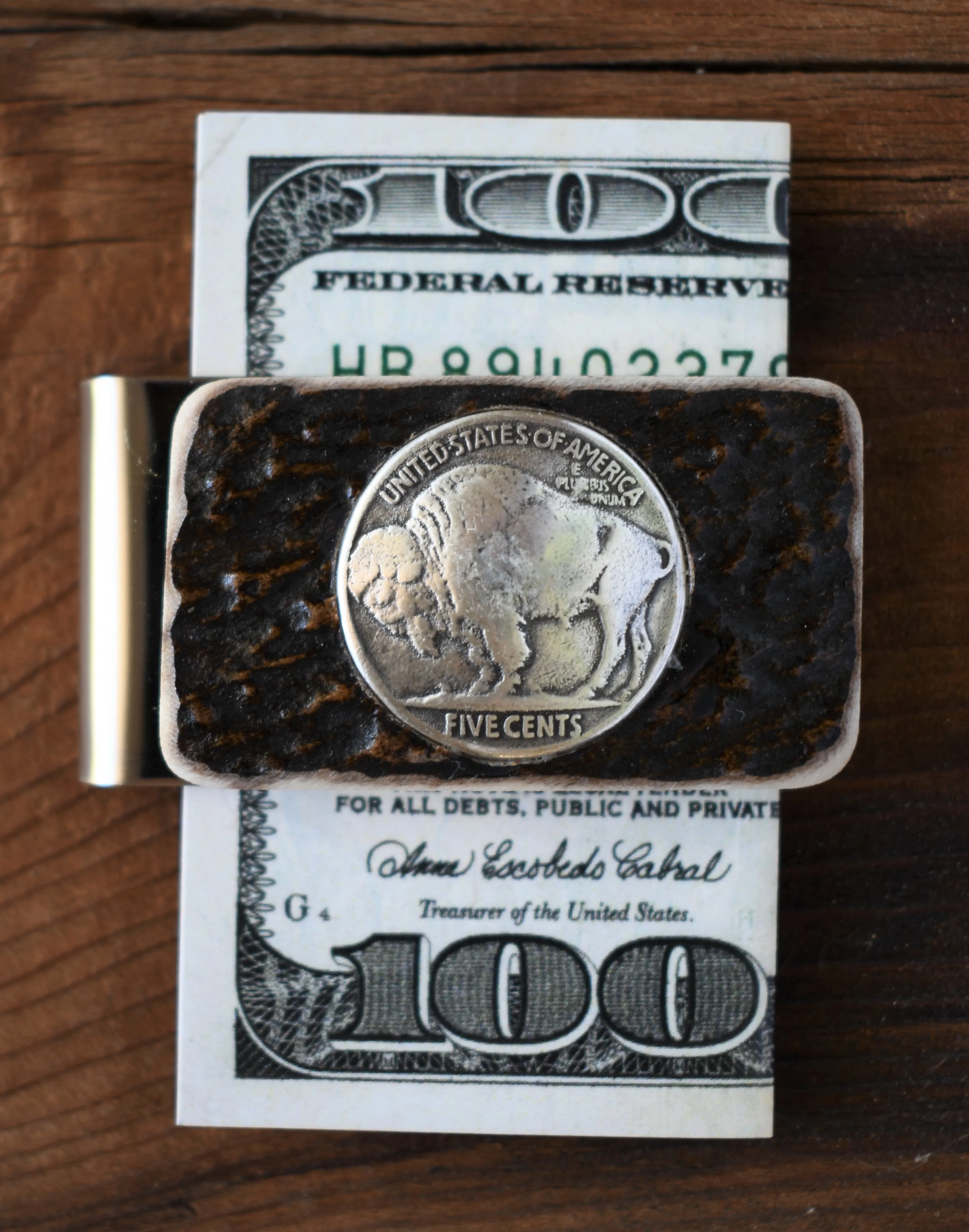 Moose Antler Money Clip with Buffalo Inlay