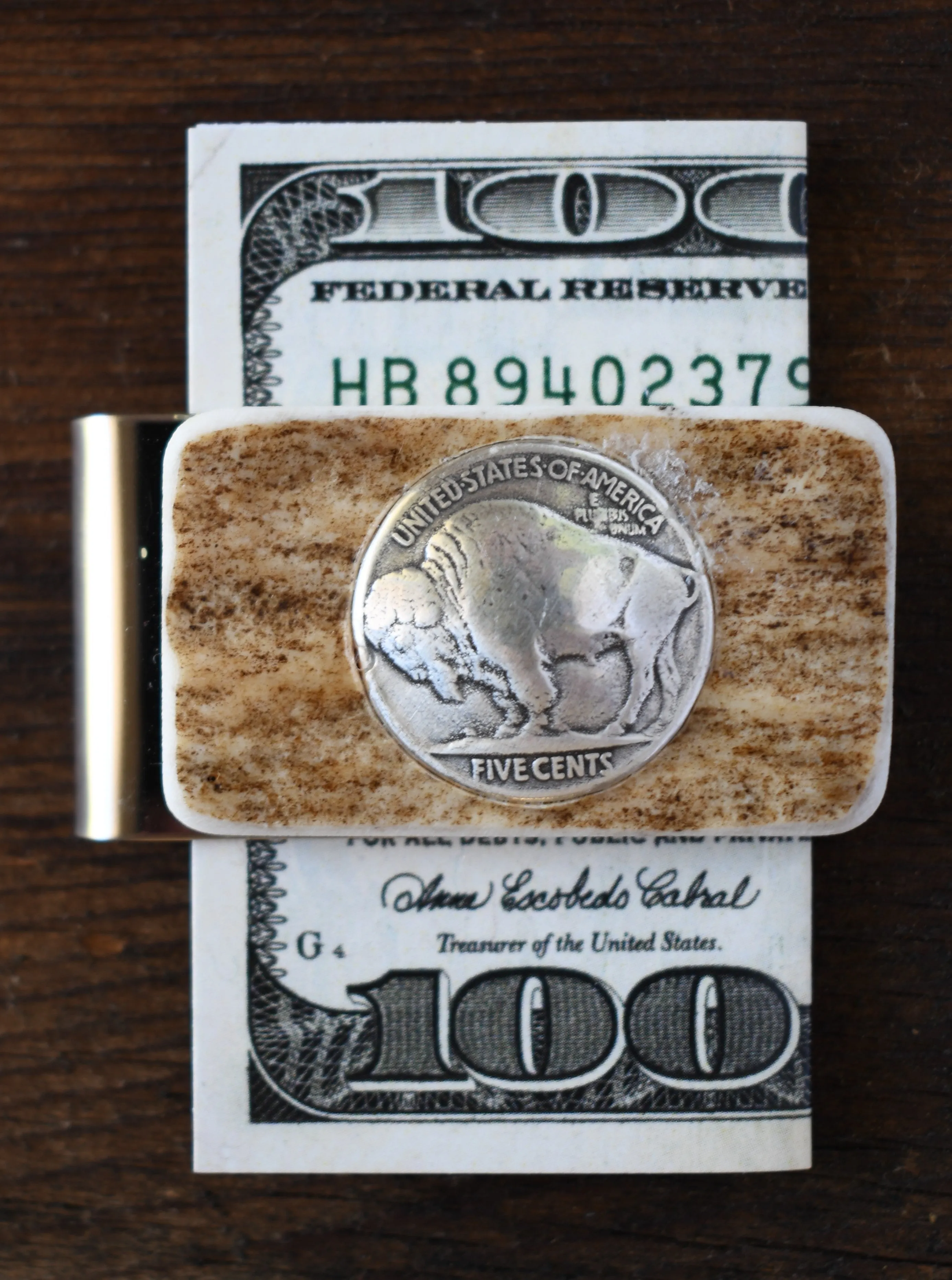 Moose Antler Money Clip with Buffalo Inlay
