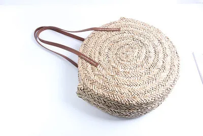 Moroccan Palm Basket Bag Hand Woven Round Straw Bags