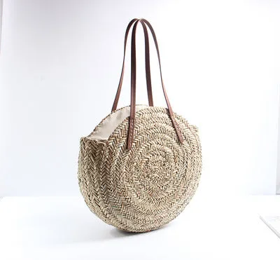 Moroccan Palm Basket Bag Hand Woven Round Straw Bags