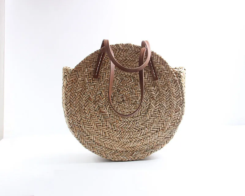Moroccan Palm Basket Bag Hand Woven Round Straw Bags