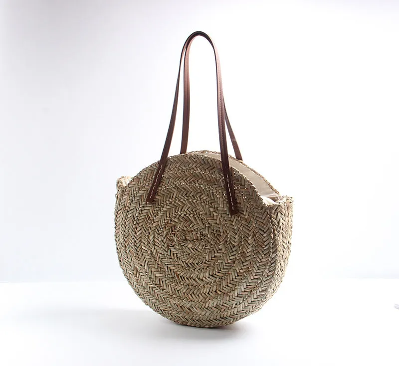 Moroccan Palm Basket Bag Hand Woven Round Straw Bags