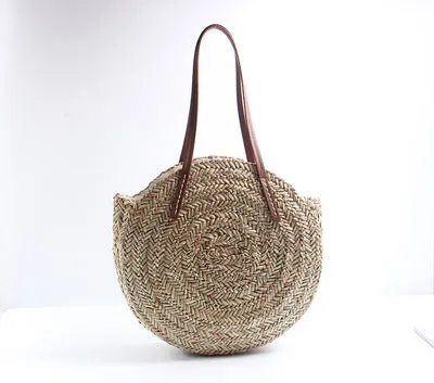 Moroccan Palm Basket Bag Hand Woven Round Straw Bags