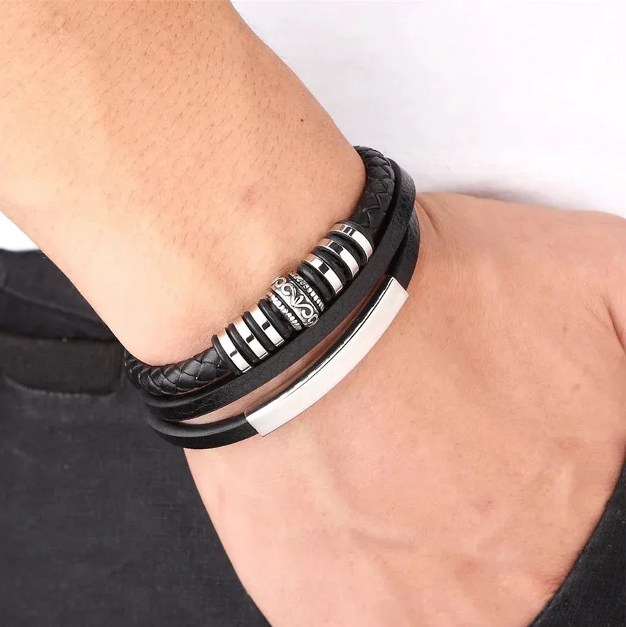 New Layered Multi-leather Stylish Bracelet, Mens Black!