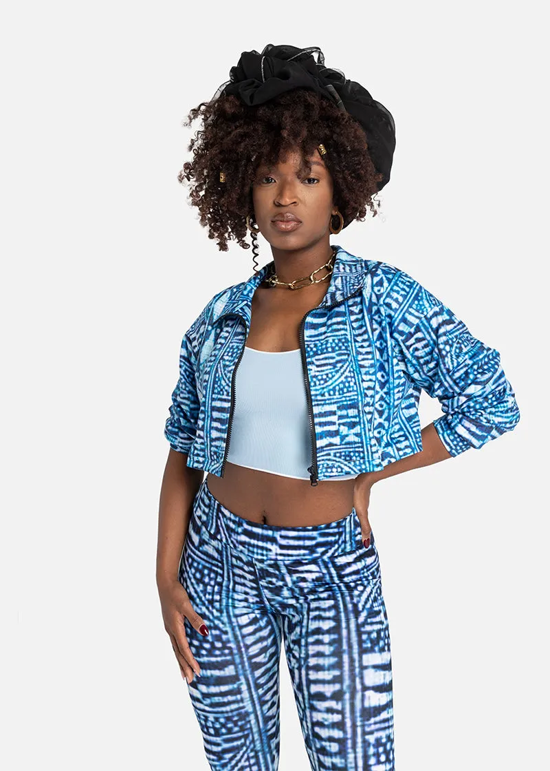 Nzinga African Print Adire Lapel Collar Cropped Sweatshirt